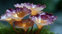 Delicate purple and orange flowers with glowing centers bloom in soft evening light against dark background, creating dreamy natural macro photography effect.
