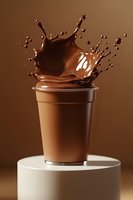 Dynamic chocolate milk splash crowning disposable cup on white podium against brown background, frozen motion capturing liquid drops and crown formation.