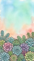 Watercolor succulent garden with pastel sky background featuring colorful echeveria and cacti plants for botanical design projects.