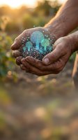 Hands holding soil with digital tree and circuit board visualization, representing sustainable agriculture, environmental technology, and eco-friendly farming innovation.