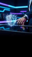 Businessman hand touching holographic cybersecurity shield with lock icon in futuristic digital environment with neon lights for data protection concepts.