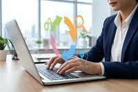 Professional businesswoman working on laptop with colorful recycling arrows overlay representing sustainable business practices and environmental responsibility.