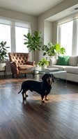 Modern living room interior with dachshund dog, leather armchair, gray sofa, houseplants and glass coffee table on hardwood floors.