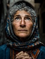 Elderly woman with curly gray hair and weathered skin wearing colorful patterned headscarf gazes upward with contemplative expression.