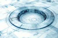Architectural blueprint showing circular technical drawing with detailed measurements and geometric lines in soft blue tones for engineering projects.