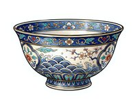 Decorative ceramic bowl with ornate blue and gold floral patterns, featuring traditional Asian-inspired design with hand-painted details. Isolated on white background, ready for design projects, home decor presentations, or tableware catalogs.