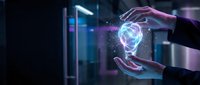 Hands holding glowing digital sphere with neon light effects in dark tech environment, representing innovation, artificial intelligence, and future technology concepts.