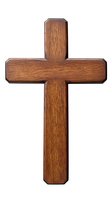 Wooden cross with rich brown wood grain texture isolated on white background. Religious symbol for Christianity and faith-based designs.