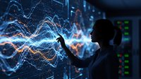 Female data scientist analyzing holographic financial charts and digital wave patterns in futuristic control room for business intelligence applications.