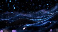 Magical glowing particles flow in dark space creating abstract wave pattern with blue and purple bokeh lights. Cosmic background for luxury design projects.