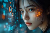 Young Asian woman with digital technology interface projection on face against blue background with glowing circuit patterns and data visualization elements.