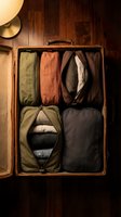 Organized travel packing cubes in vintage leather suitcase on wooden floor with warm lighting for efficient luggage organization and trip preparation.