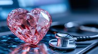 Pink crystal heart and medical stethoscope on laptop keyboard in blue light, healthcare and cardiology concept for medical presentations and articles.