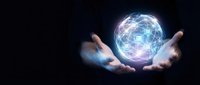 Glowing digital sphere with network connections floating above cupped hands against dark background for technology and innovation concepts.