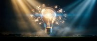 Glowing light bulb with brain inside surrounded by innovation icons floating in dramatic sky with sunbeams, representing creativity and breakthrough ideas.