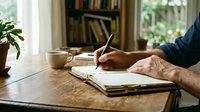 Senior man writing in notebook at wooden desk with coffee cup and plant in cozy home office with bookshelf background for journaling and planning.