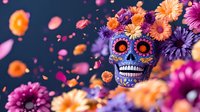 Colorful sugar skull decorated with bright gerbera flowers and petals on dark background. Mexican folk art celebration with orange and purple floral elements.