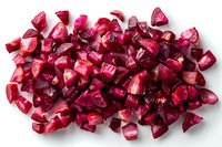 Fresh chopped red beets scattered on white background, raw diced vegetable pieces showing vibrant burgundy color and natural juicy texture, isolated for culinary use.