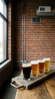 Beer flight tasting selection featuring four glasses with varying shades from dark stout to light lager on rustic wooden board near brick wall window.