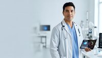 Confident Hispanic male doctor in white coat holding tablet in modern hospital room with medical equipment and technology for healthcare consultation.
