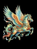 Colorful ornate pegasus with golden armor and rainbow wings, isolated on transparent background, ready for stickers, t-shirt design, and print on demand.