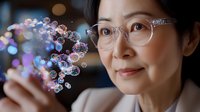 Asian woman scientist in glasses observing glowing molecular structure particles, research visualization concept with bokeh light effects in laboratory.