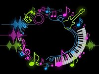 Colorful neon music frame with piano keys, notes, treble clef and sound waves on black background for entertainment design projects.