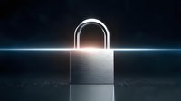 Glowing padlock with bright light beam on dark surface representing cybersecurity, data protection and digital safety concepts for business presentations.