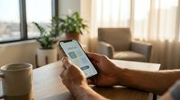 Person of African descent with medium-dark skin tone holding smartphone displaying financial app, seated at wooden table with coffee cup in bright home office with plants and armchair, suitable for fintech, banking, mobile app, and business technology content.