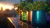 Glittering turquoise planter with green plants on wooden surface at sunset, magical bokeh lights and sparkles create dreamy garden atmosphere on balcony or terrace.