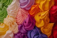 Colorful swirled frosting rosettes in vibrant rainbow colors create abstract pattern background, macro food photography showing texture and detail of piped buttercream.