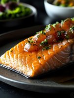 Grilled salmon fillet topped with fresh herbs and glazed cherry tomatoes on dark plate, close-up view showing moist, flaky texture and caramelized surface.