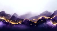 Abstract purple mountain landscape with glowing golden light trails and sparkles against misty twilight sky, creating magical atmospheric scenery.