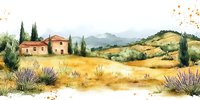 Watercolor Mediterranean landscape with rustic villa, cypress trees and lavender bushes against distant mountains and golden fields. Artistic countryside scenery.