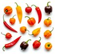 Colorful assortment of fresh hot chili peppers in various shapes and sizes isolated on white background for culinary and cooking design projects.