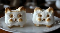 Adorable cat-shaped marshmallows with toasted golden faces on white plate, cute kawaii dessert treats for cafes and sweet food photography.