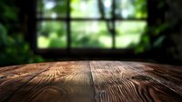 Rustic wooden table surface with natural wood grain texture against blurred green garden window background, creating atmospheric product display space.