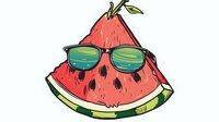 Cartoon watermelon slice wearing sunglasses with summer reflection, hand drawn style on white background, isolated design element for seasonal graphics.