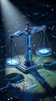 Digital justice scales with circuit board patterns and glowing blue light effects representing legal technology, cyber law, and artificial intelligence in jurisprudence.
