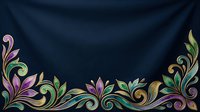 Elegant floral ornament border with colorful swirls and leaves on dark navy blue fabric texture background, luxury decorative design.