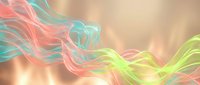 Abstract flowing waves in vibrant coral, turquoise and lime green colors creating dynamic energy patterns on warm gradient background for modern designs.