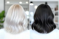 Back view comparison of platinum blonde and jet black medium length wavy hairstyles on women wearing white sweaters in modern salon setting. Professional hair coloring result.