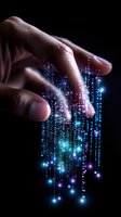 Fingers touching glowing digital particles streaming down with blue and purple light effects on dark background, representing future technology and data flow.