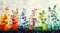 Colorful watercolor plants growing from test tubes in laboratory setting with rainbow gradient foliage on textured paper background for science education.