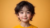 Portrait of Asian boy with tousled dark hair and bright smile wearing yellow t-shirt against vibrant orange background, perfect for childhood themes.