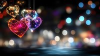 Glowing heart-shaped ornaments with sparkles against dark background with colorful bokeh lights and reflective surface, romantic holiday atmosphere.