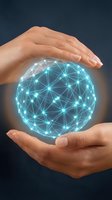 Protective hands surrounding glowing digital network sphere with connected nodes and bright blue light connections representing global connectivity and data protection.