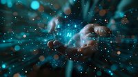 Glowing AI symbol floating over open hands with futuristic network connections and bokeh lights in dark turquoise atmosphere, representing artificial intelligence concept.