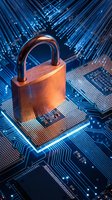 Cybersecurity padlock on computer processor with glowing blue circuit board patterns representing digital data protection and network security technology.