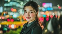 Young Asian woman in leather jacket standing in urban city at night with colorful bokeh lights and traffic background for lifestyle photography.